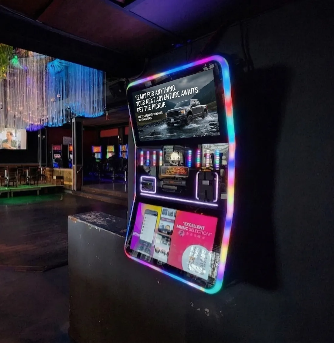 Jukebox publicitaire DartsMedia dans un bar au Québec
